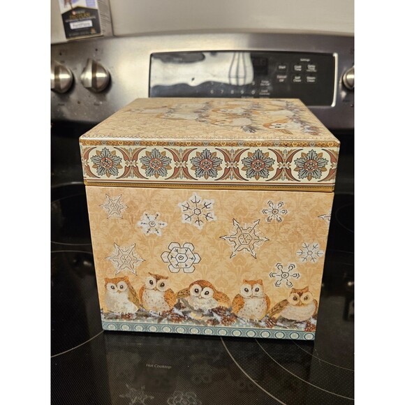 Elegant Storage Box Blue, Yellow, Silver Filigree Owl Print 9"x9"x5" - Picture 6 of 10